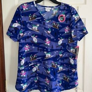 NWT-scrub star- premium scrubwear-M-blue-V-neck, winter chilling, S/S scrub top.